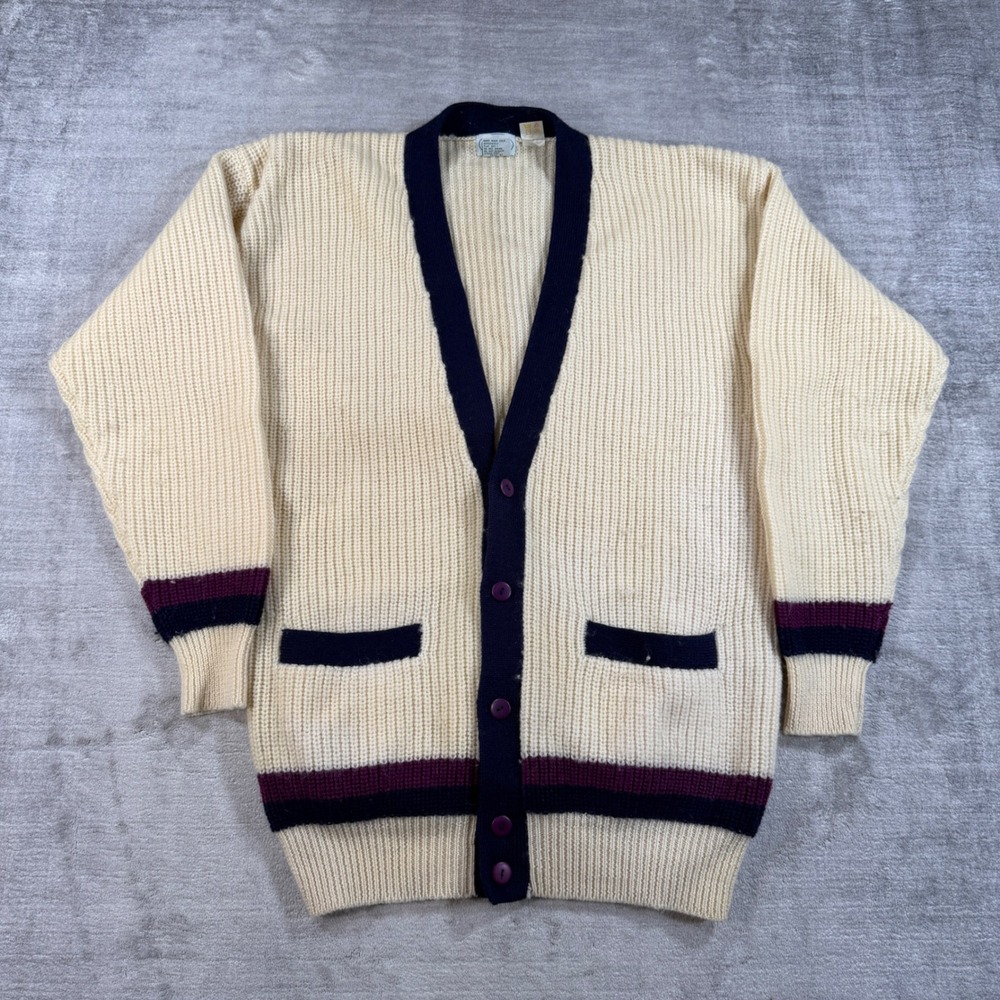 Izod Lacoste Sweater Mens Large Cream Wool Ribbed Cardigan Vtg Preppy Varsity